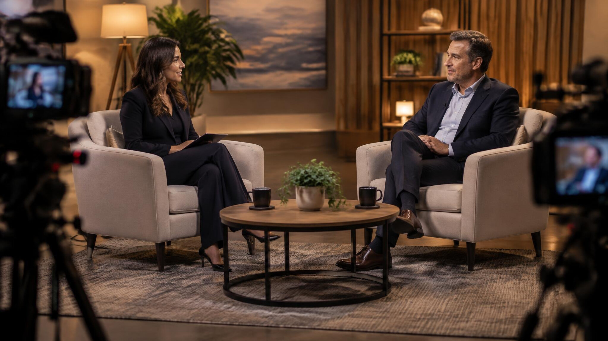 Two chairs set up for a television interview under studio lights