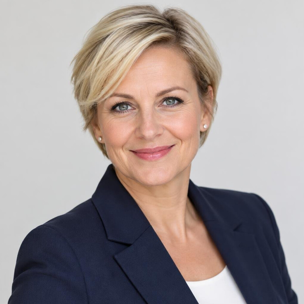 Czech female news anchor smiling in studio portrait