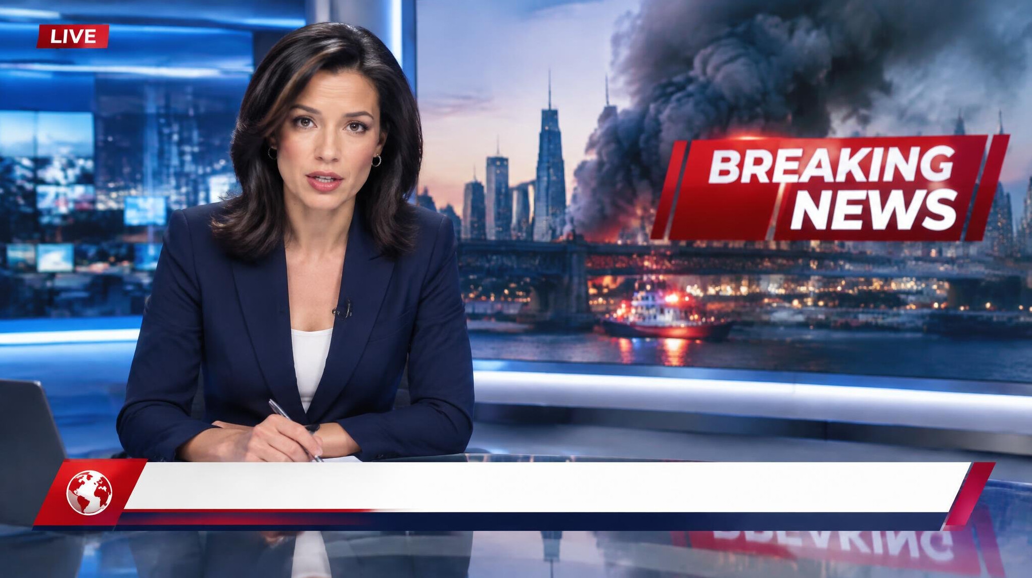 Television news desk scene with presenter and graphics
