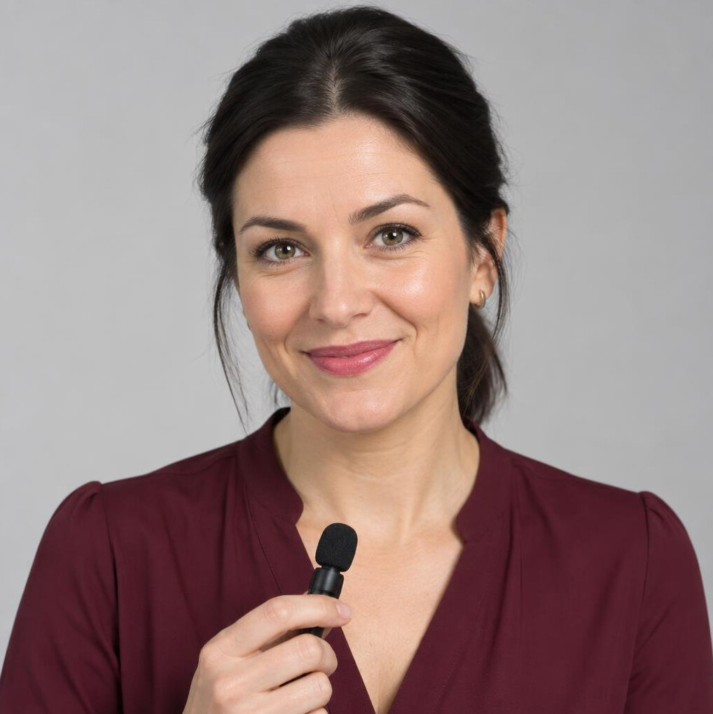 Czech female reporter portrait with headset