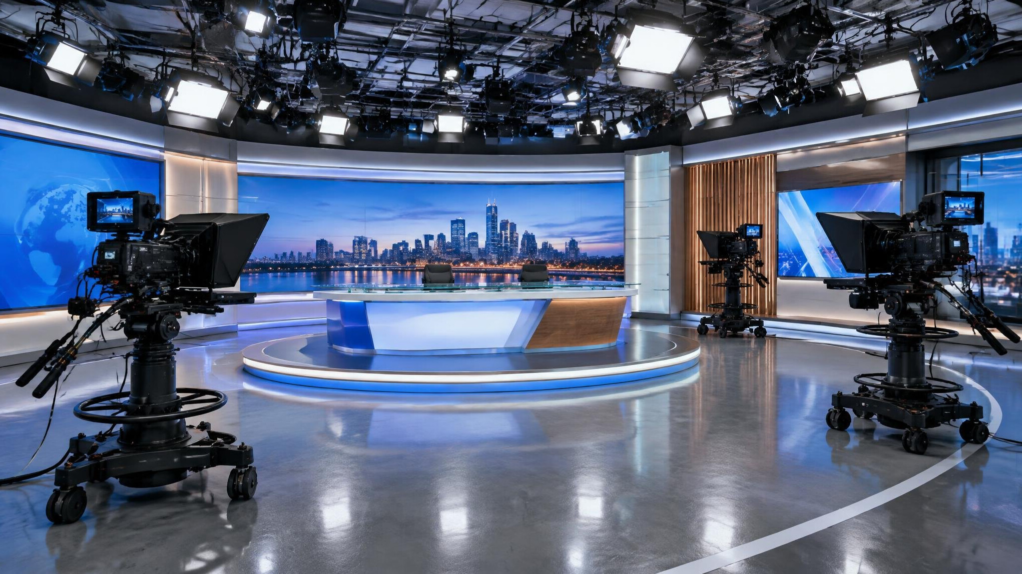 Modern broadcast studio interior with lighting rig and cameras